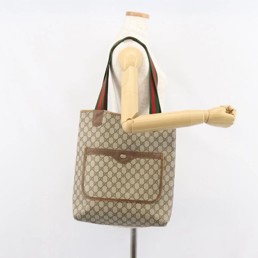 GUCCI GG Supreme Web Sherry Line Tote Bag PVC Beige Red 39 02 003 Auth BA8628